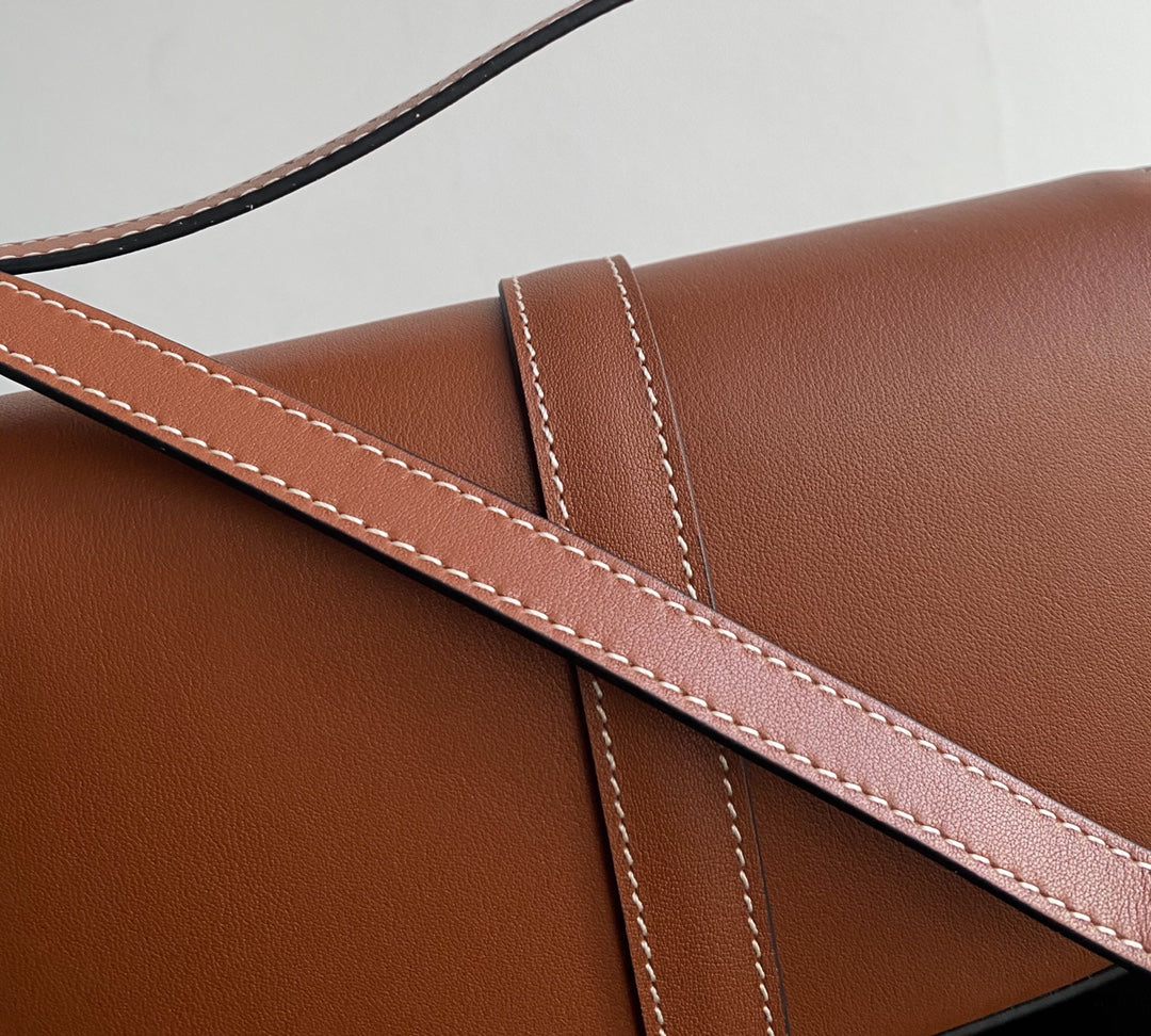 Small Brown Leather Shoulder Bag with Gold Padlock Closure