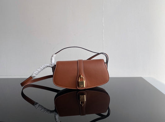 Small Brown Leather Shoulder Bag with Gold Padlock Closure