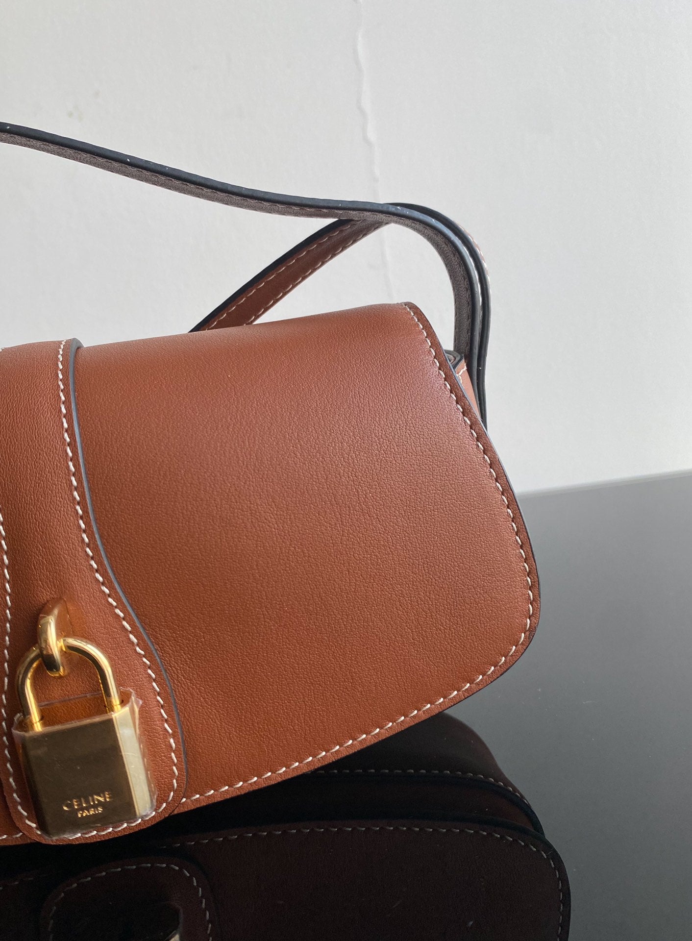 Small Brown Leather Shoulder Bag with Gold Padlock Closure