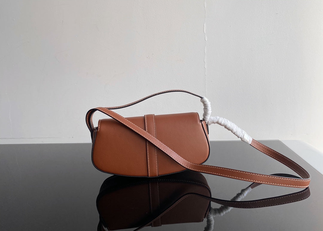 Small Brown Leather Shoulder Bag with Gold Padlock Closure