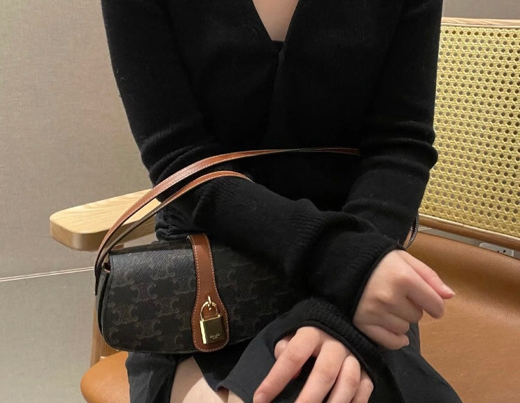 Women's Small Patterned Canvas Shoulder Bag - Half-Moon Mini Crossbody Pouch with Brown Leather Trim
