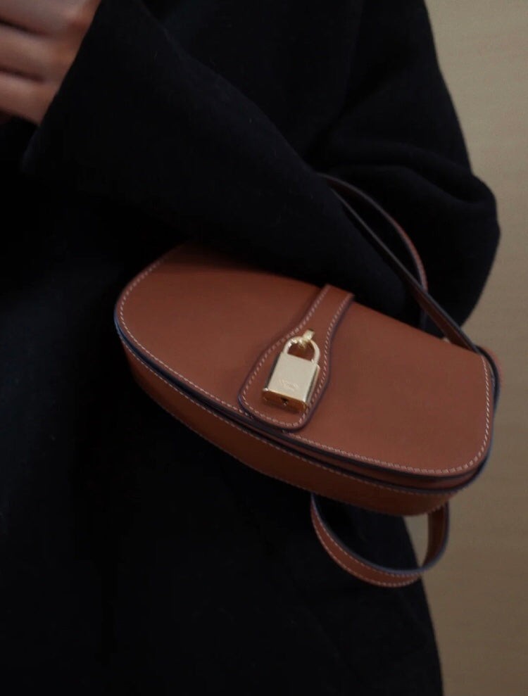 Women's Small Patterned Canvas Shoulder Bag - Half-Moon Mini Crossbody Pouch with Brown Leather Trim