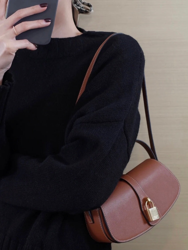 Women's Small Patterned Canvas Shoulder Bag - Half-Moon Mini Crossbody Pouch with Brown Leather Trim