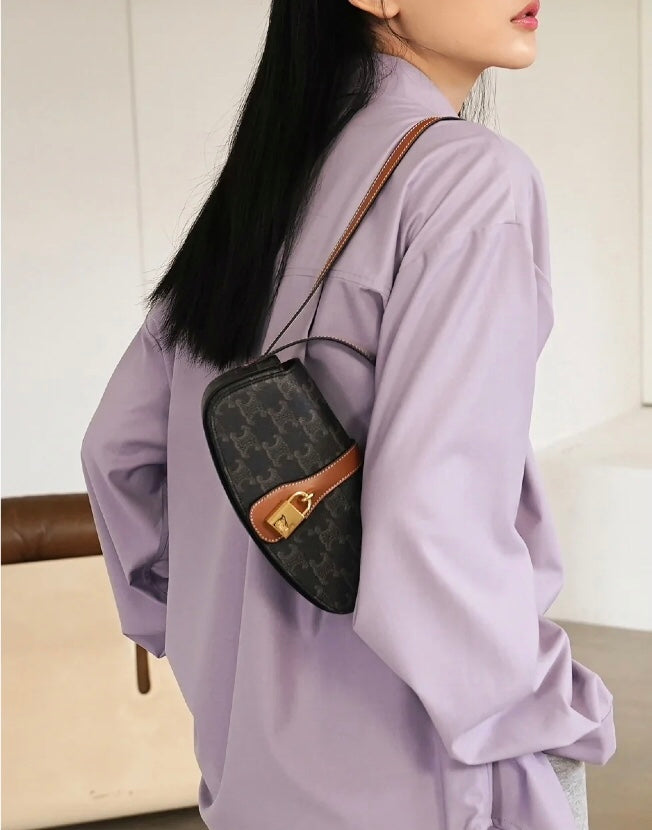 Women's Small Patterned Canvas Shoulder Bag - Half-Moon Mini Crossbody Pouch with Brown Leather Trim