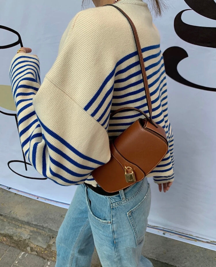 Women's Small Patterned Canvas Shoulder Bag - Half-Moon Mini Crossbody Pouch with Brown Leather Trim