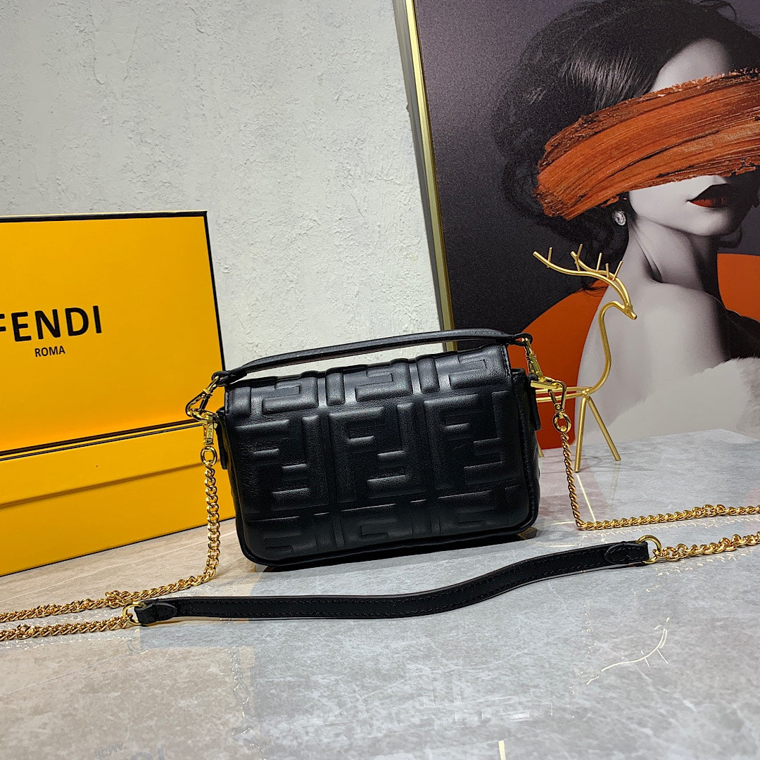 Fendi Black Embossed FF Leather Baguette Bag with Gold Hardware
