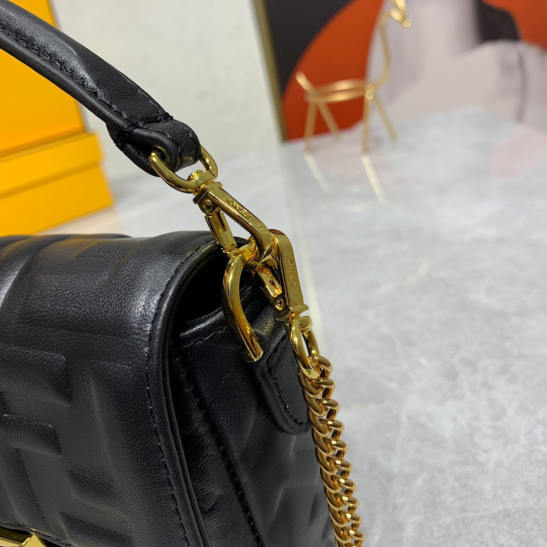 Fendi Black Embossed FF Leather Baguette Bag with Gold Hardware