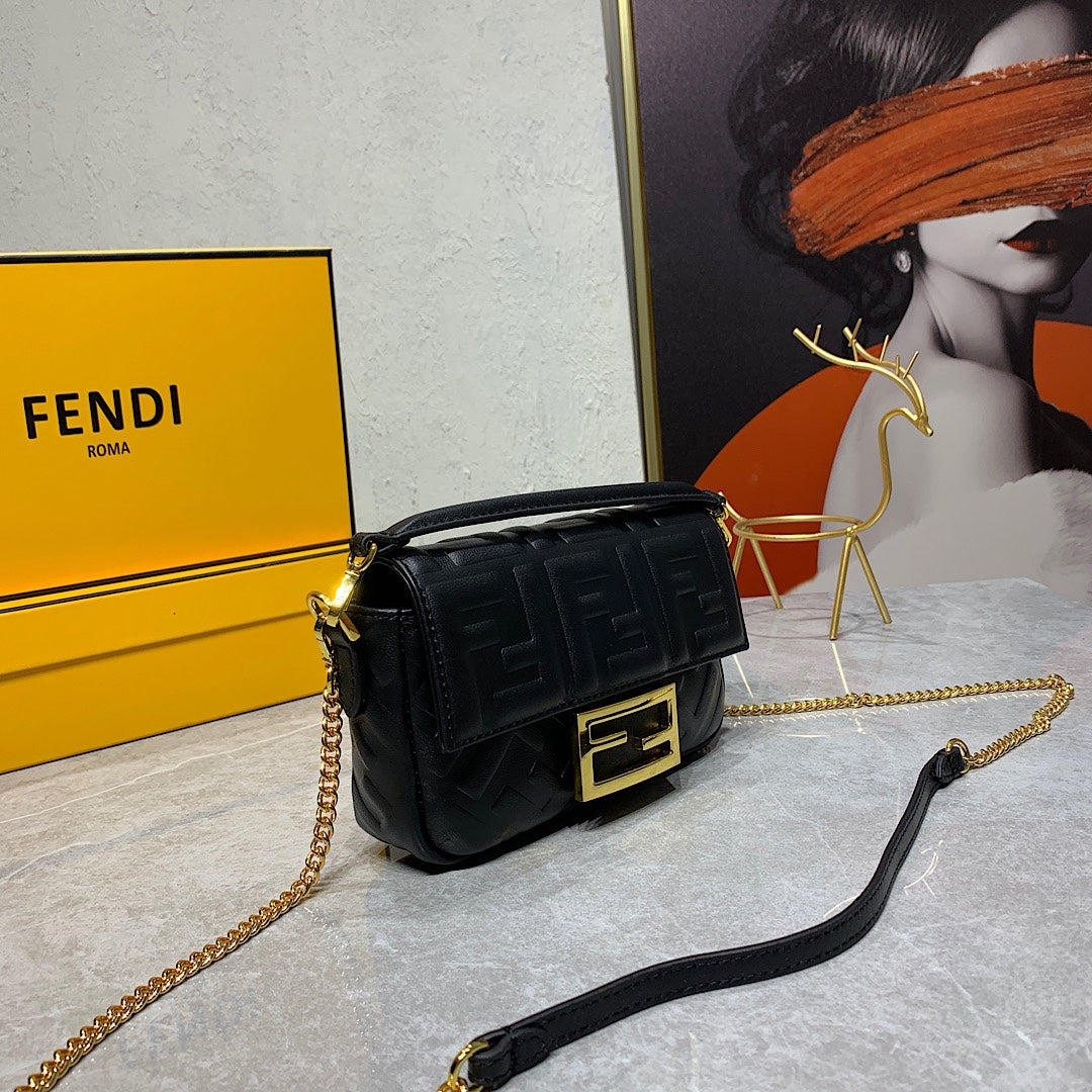 Fendi Black Embossed FF Leather Baguette Bag with Gold Hardware