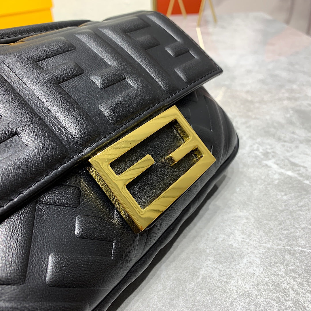 Fendi Black Embossed FF Leather Baguette Bag with Gold Hardware