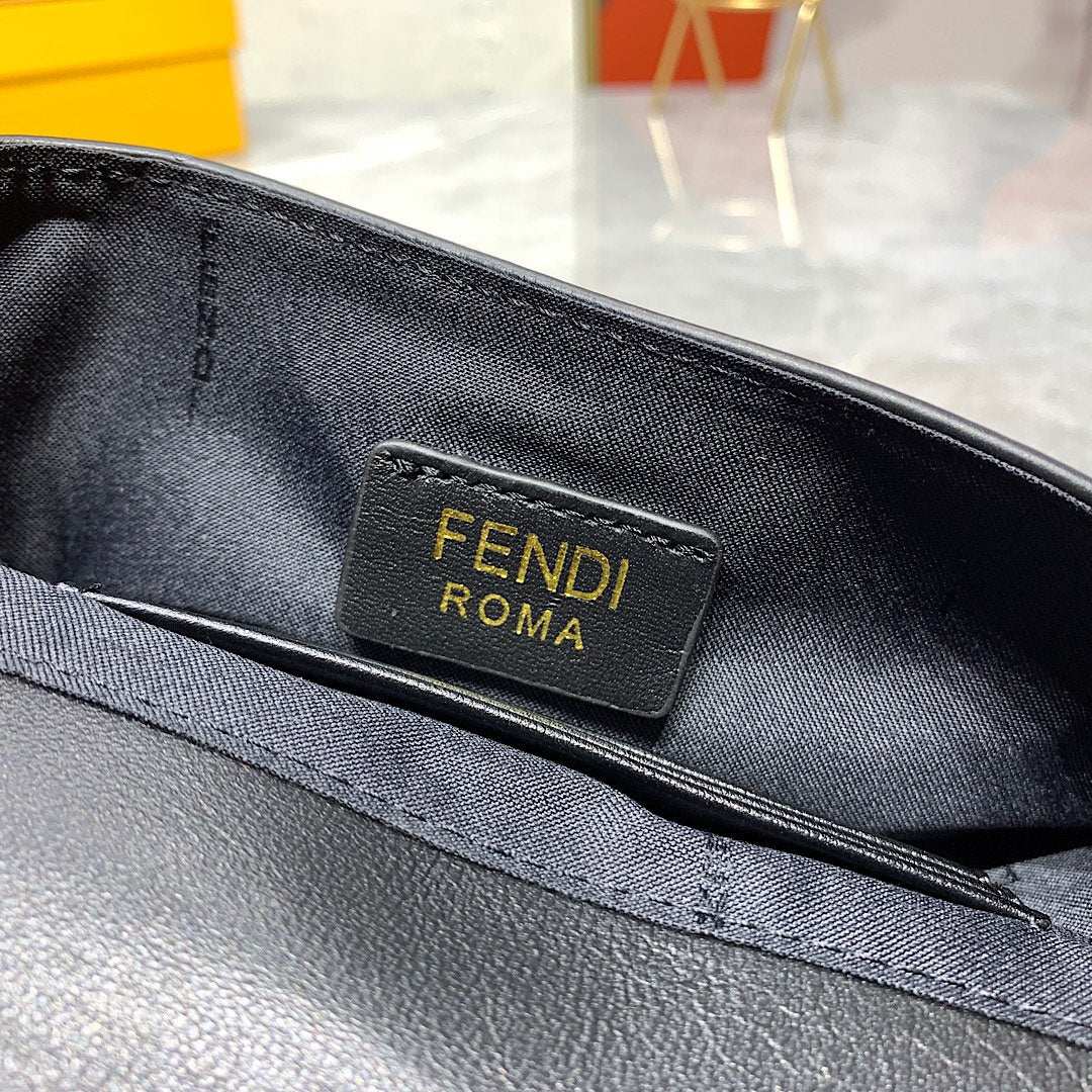Fendi Black Embossed FF Leather Baguette Bag with Gold Hardware