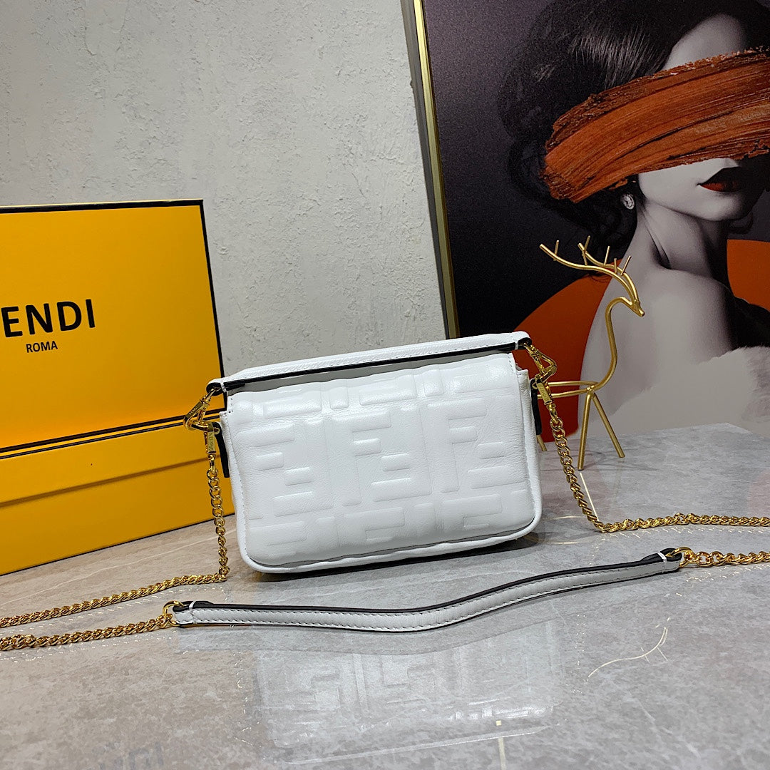 White Embossed Logo Baguette Crossbody Bag with Gold Chain Strap