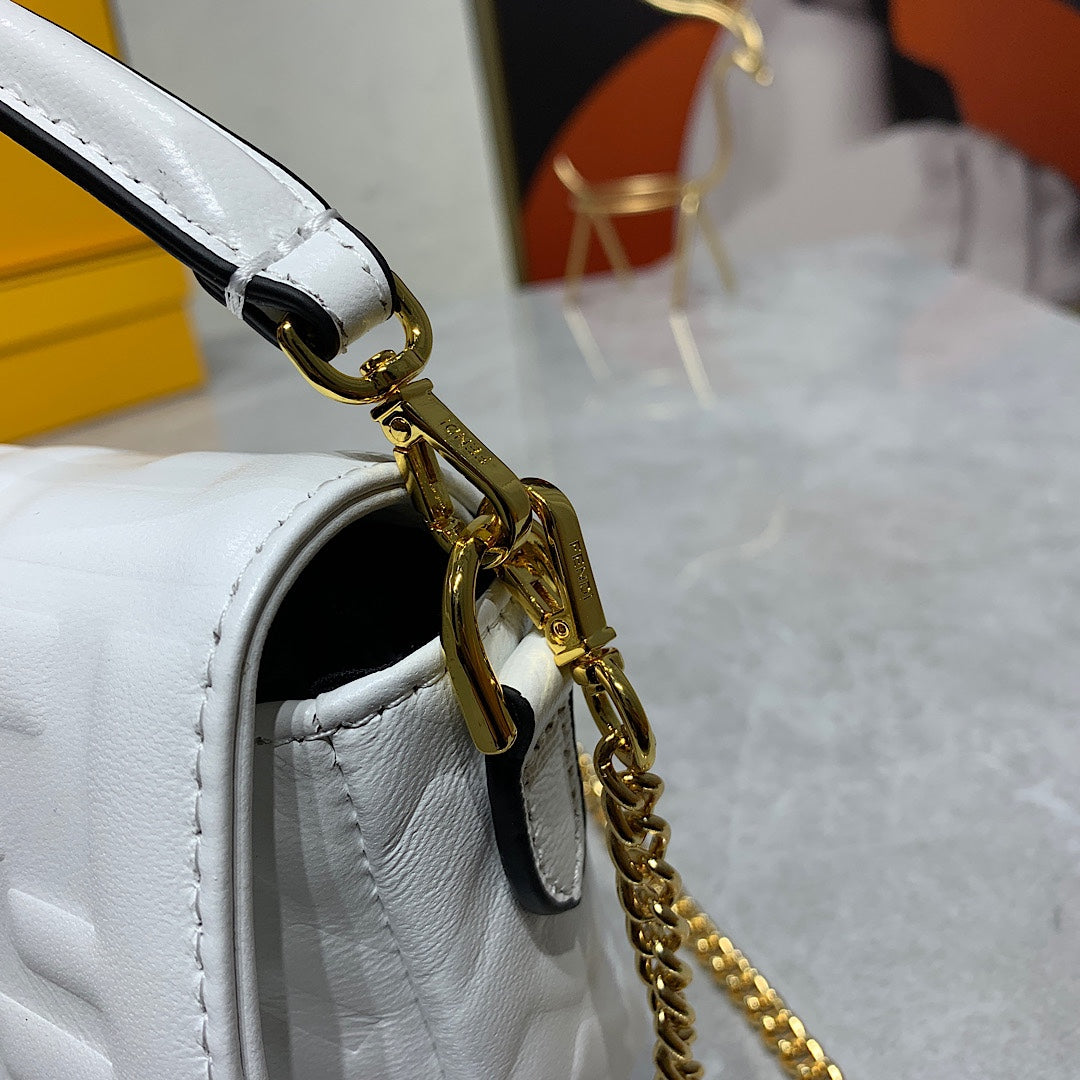 Fendi White Embossed FF Logo Baguette Bag with Gold-Tone Chain Strap