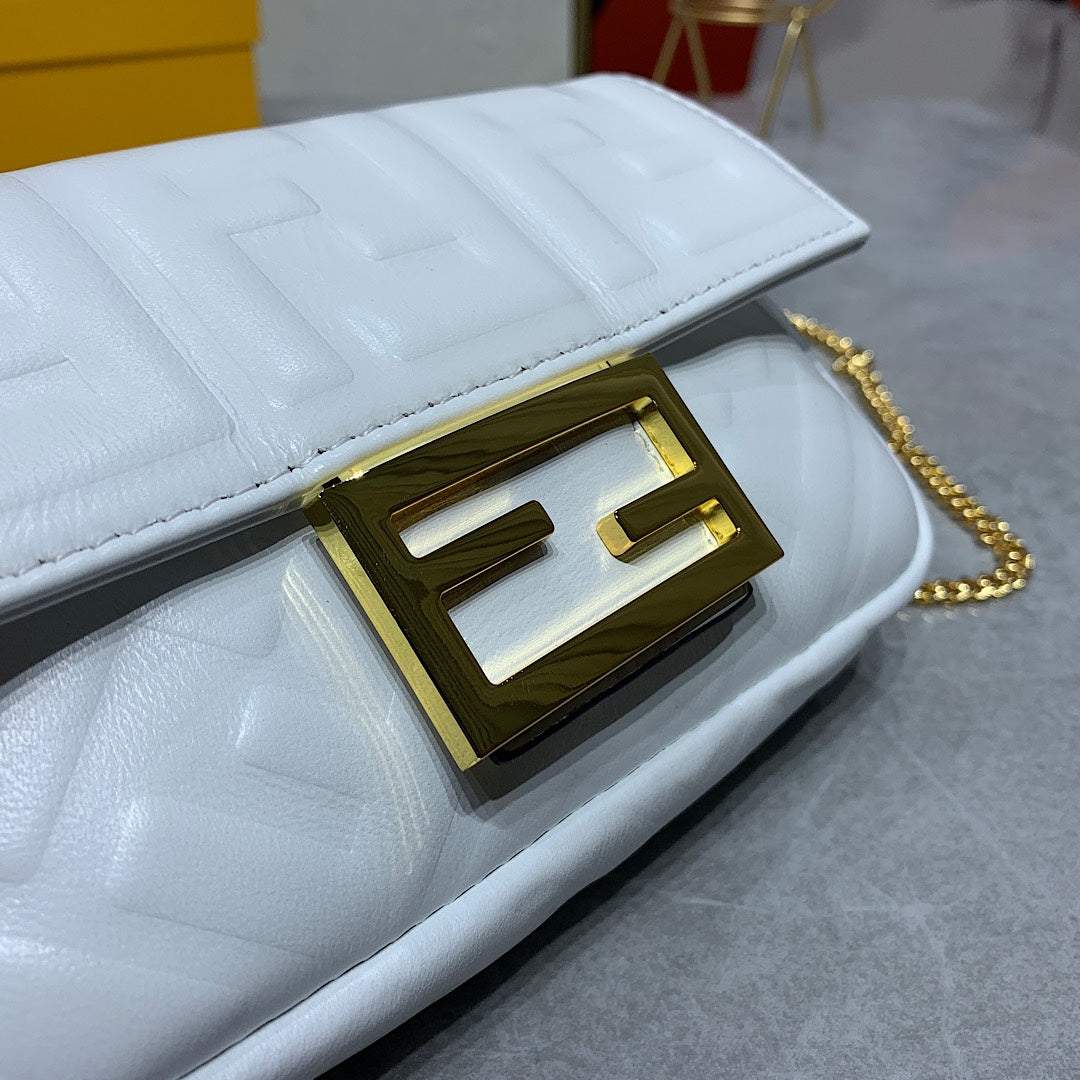 Fendi Baguette White Leather Mini Bag with Gold-Tone Chain Strap