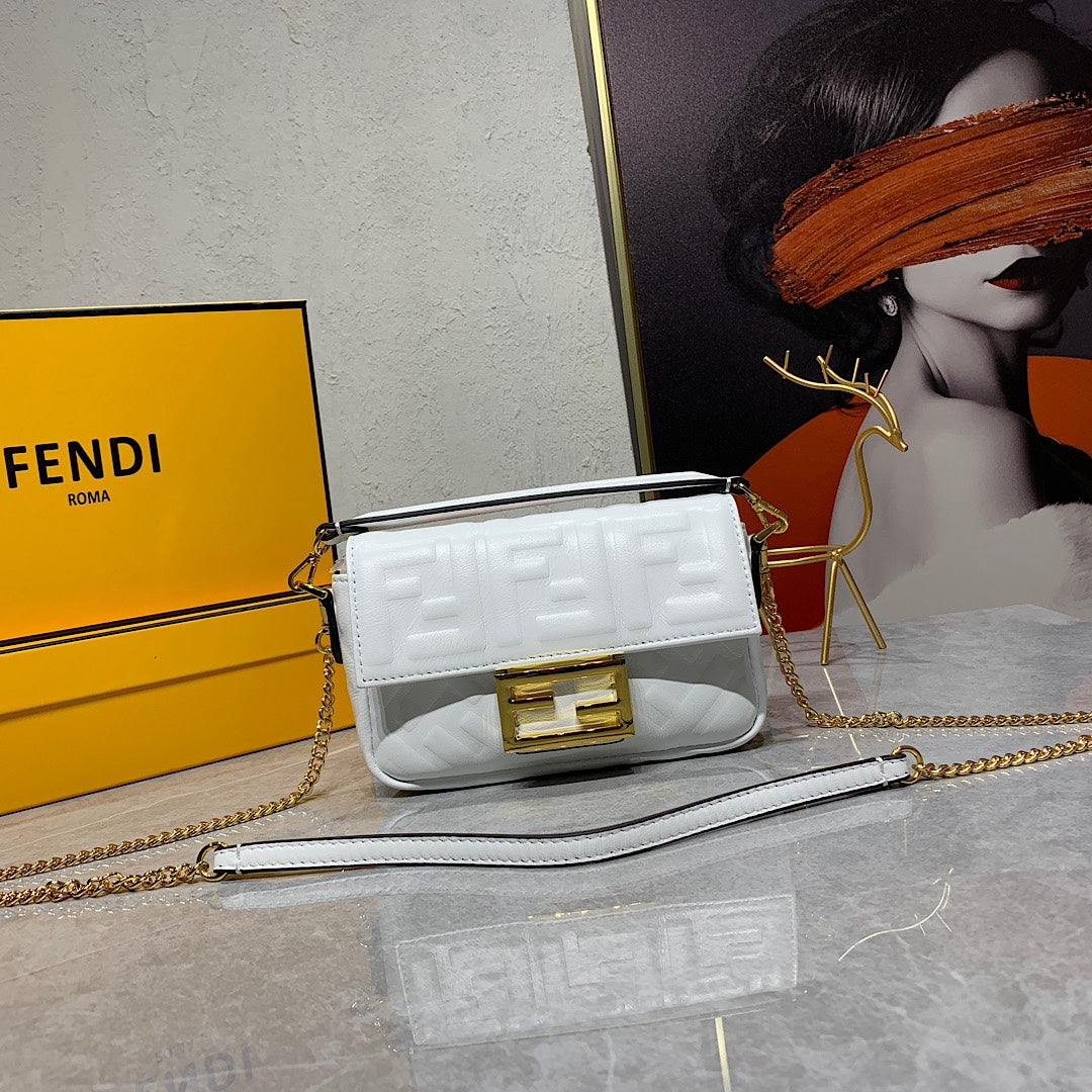 Fendi White Embossed Leather Baguette Bag with Gold-Tone Hardware