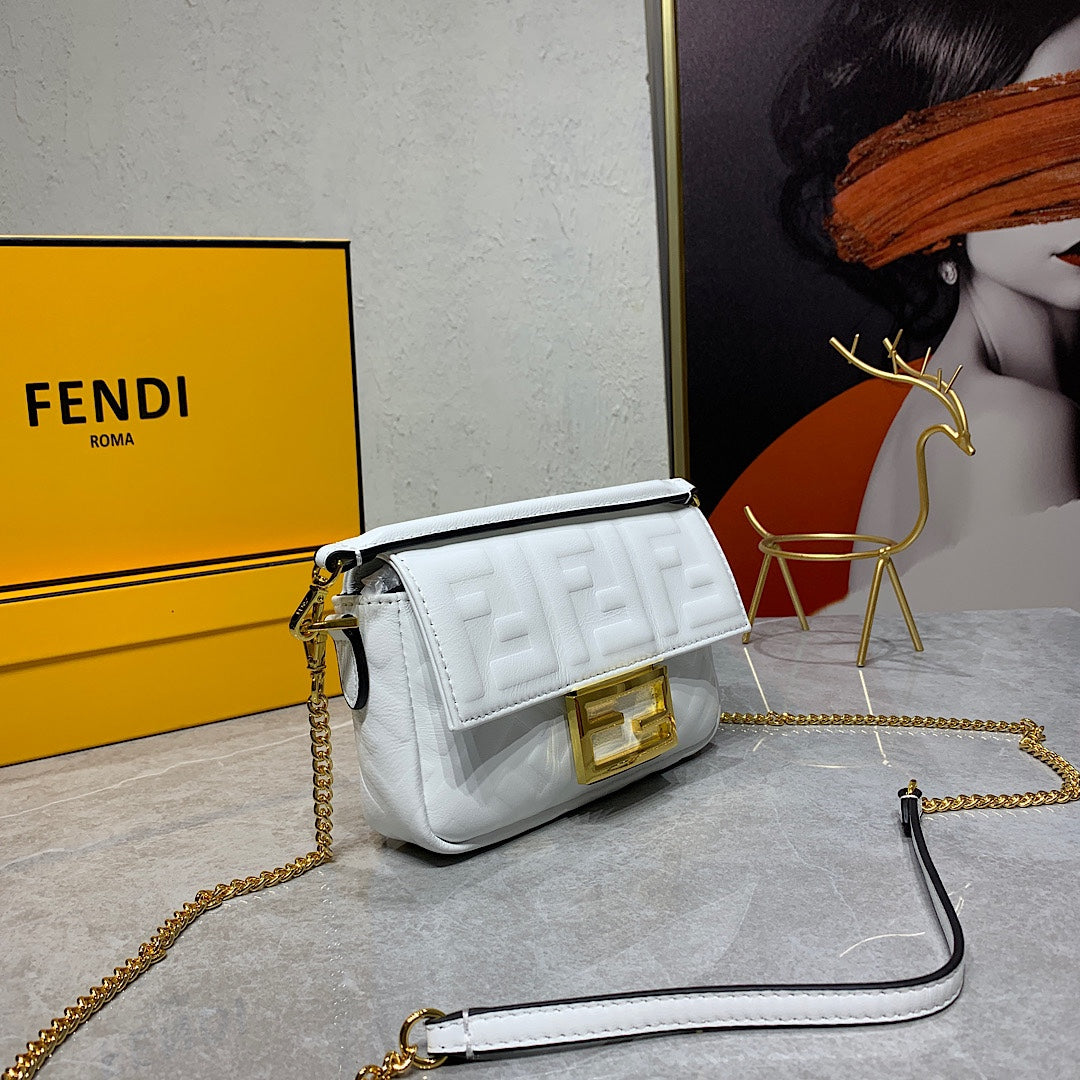 White Embossed Logo Baguette Crossbody Bag with Gold Chain Strap