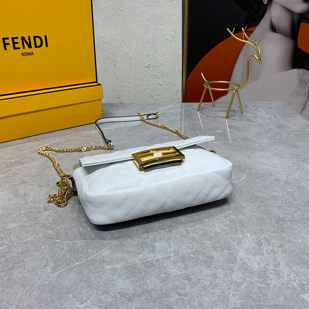 Fendi White Embossed FF Logo Baguette Bag with Gold-Tone Chain Strap