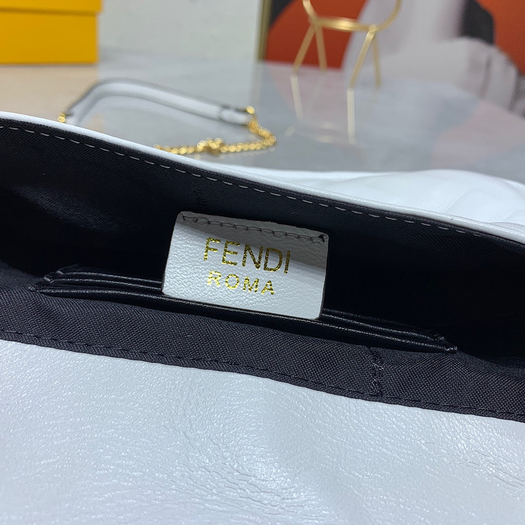 Fendi White Embossed FF Logo Baguette Bag with Gold-Tone Chain Strap