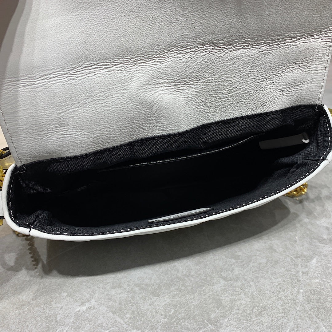 Fendi White Embossed FF Logo Baguette Bag with Gold-Tone Chain Strap