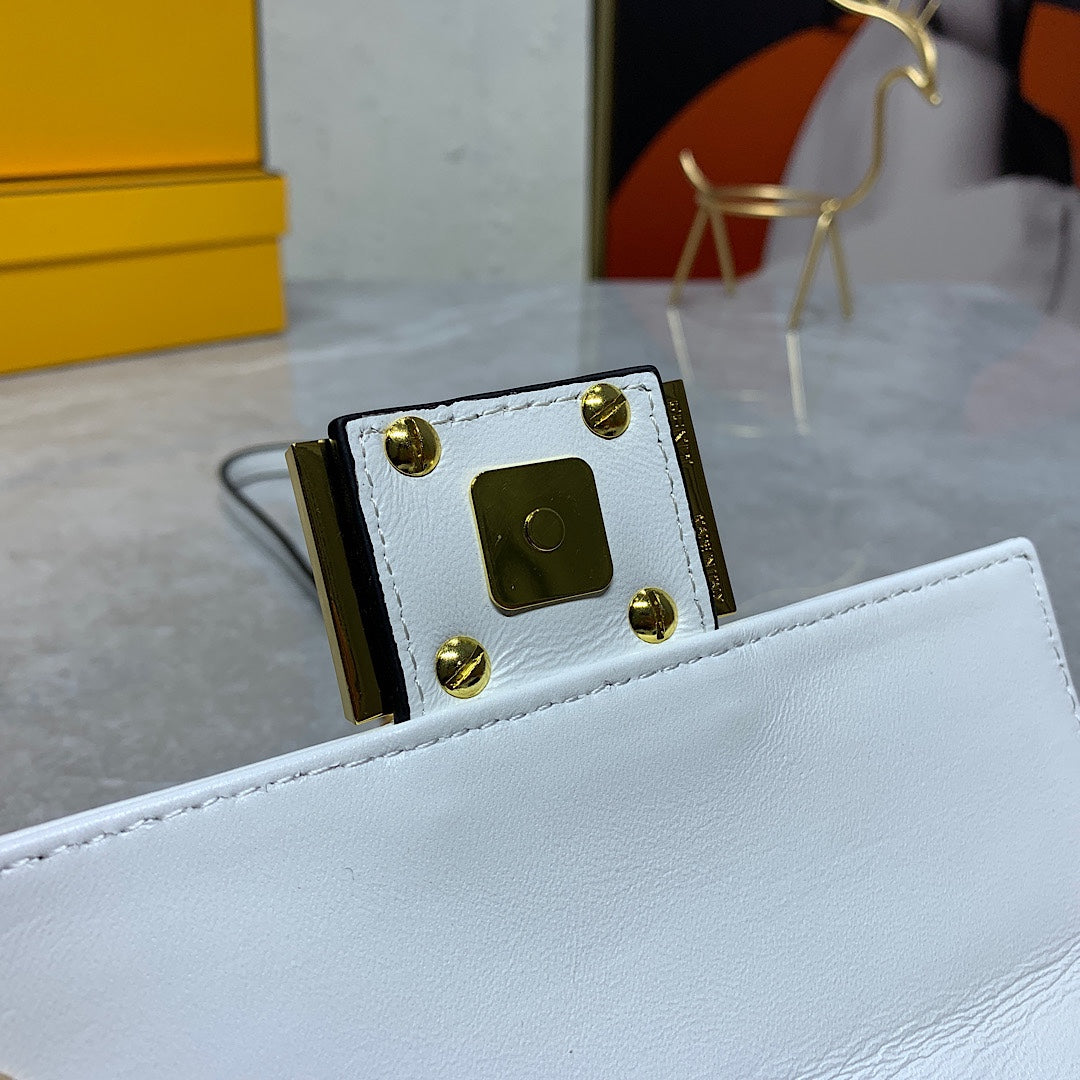 Fendi White Embossed FF Logo Baguette Bag with Gold-Tone Chain Strap
