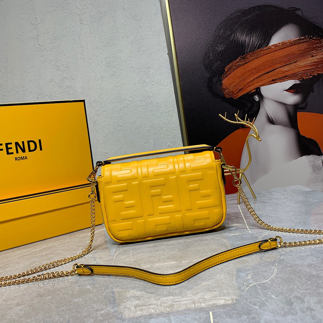 Fendi Yellow Embossed Leather Baguette Shoulder Bag with Gold-Tone Hardware