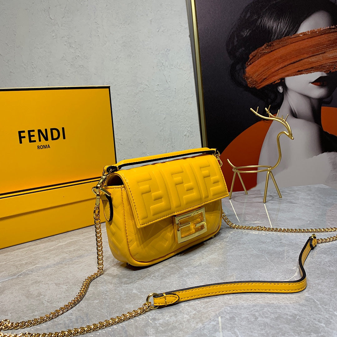 Fendi Yellow Embossed Leather Baguette Shoulder Bag with Gold-Tone Hardware
