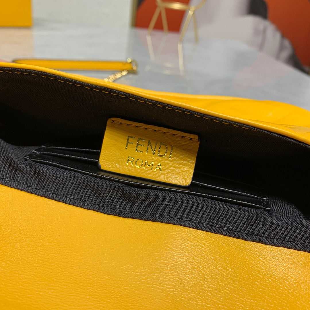 Fendi Yellow Embossed FF Baguette Mini Bag with Gold Chain Strap