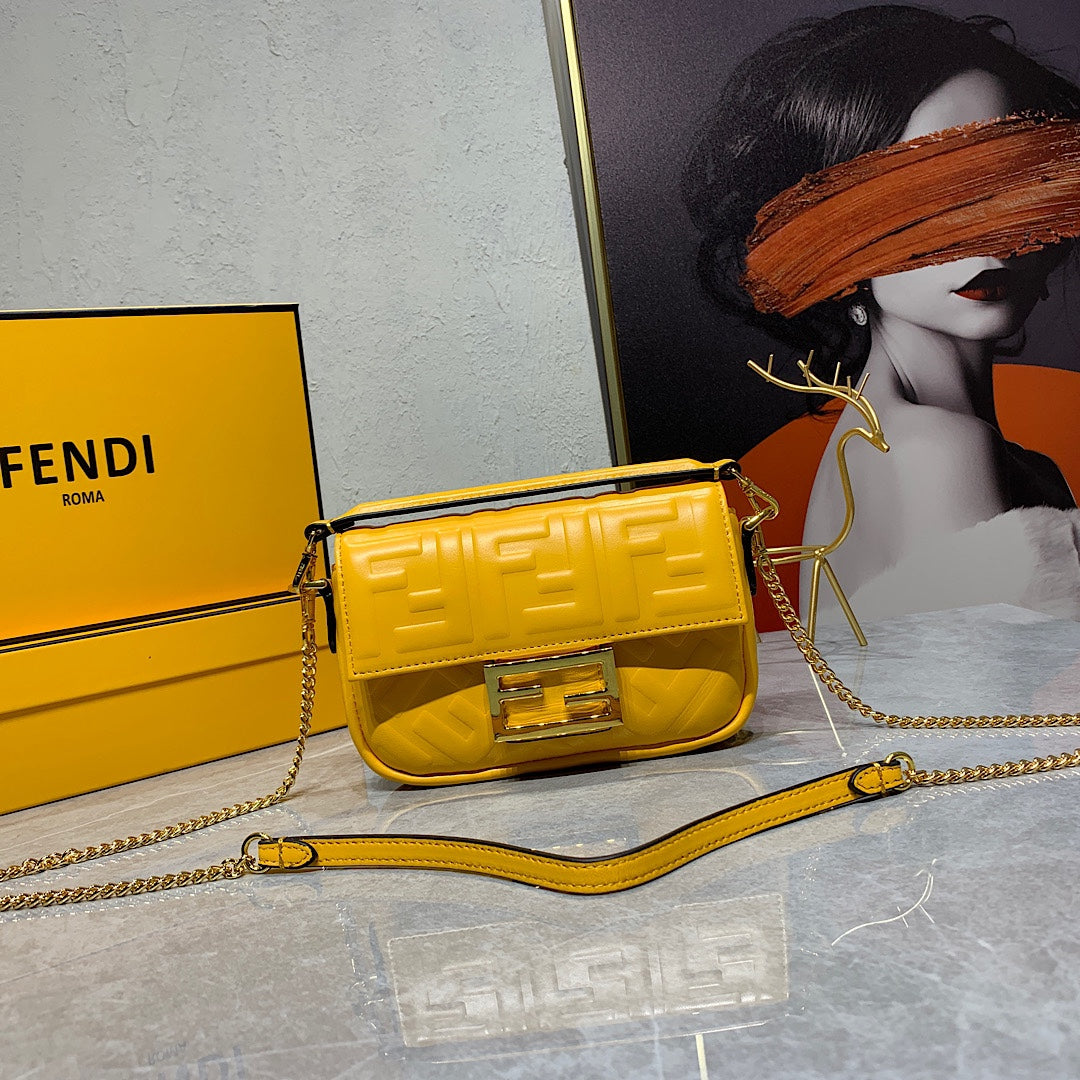 Fendi Yellow Embossed Leather Baguette Shoulder Bag with Gold-Tone Hardware
