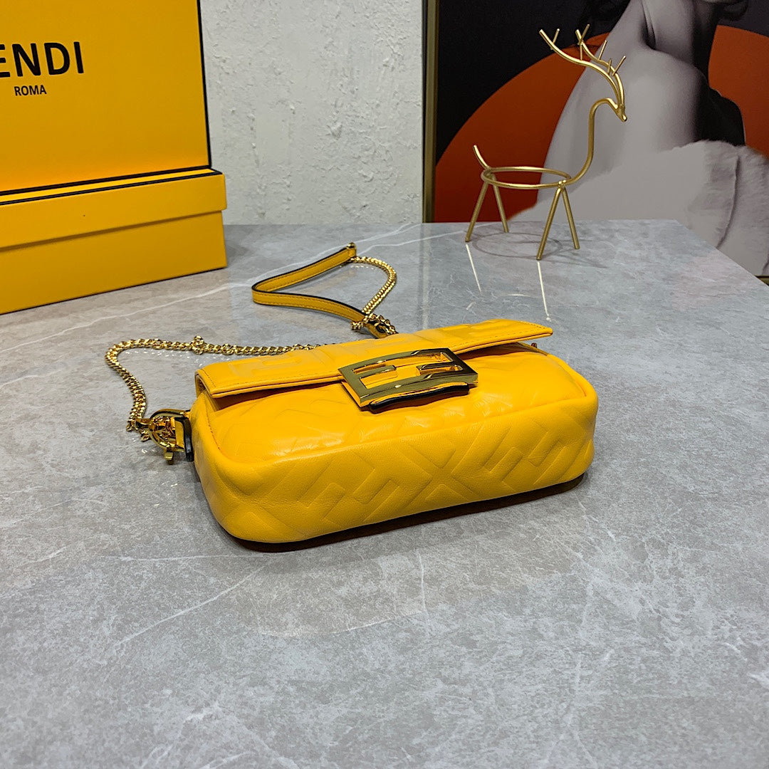 Fendi Baguette Yellow Embossed FF Logo Leather Shoulder Bag with Gold Hardware