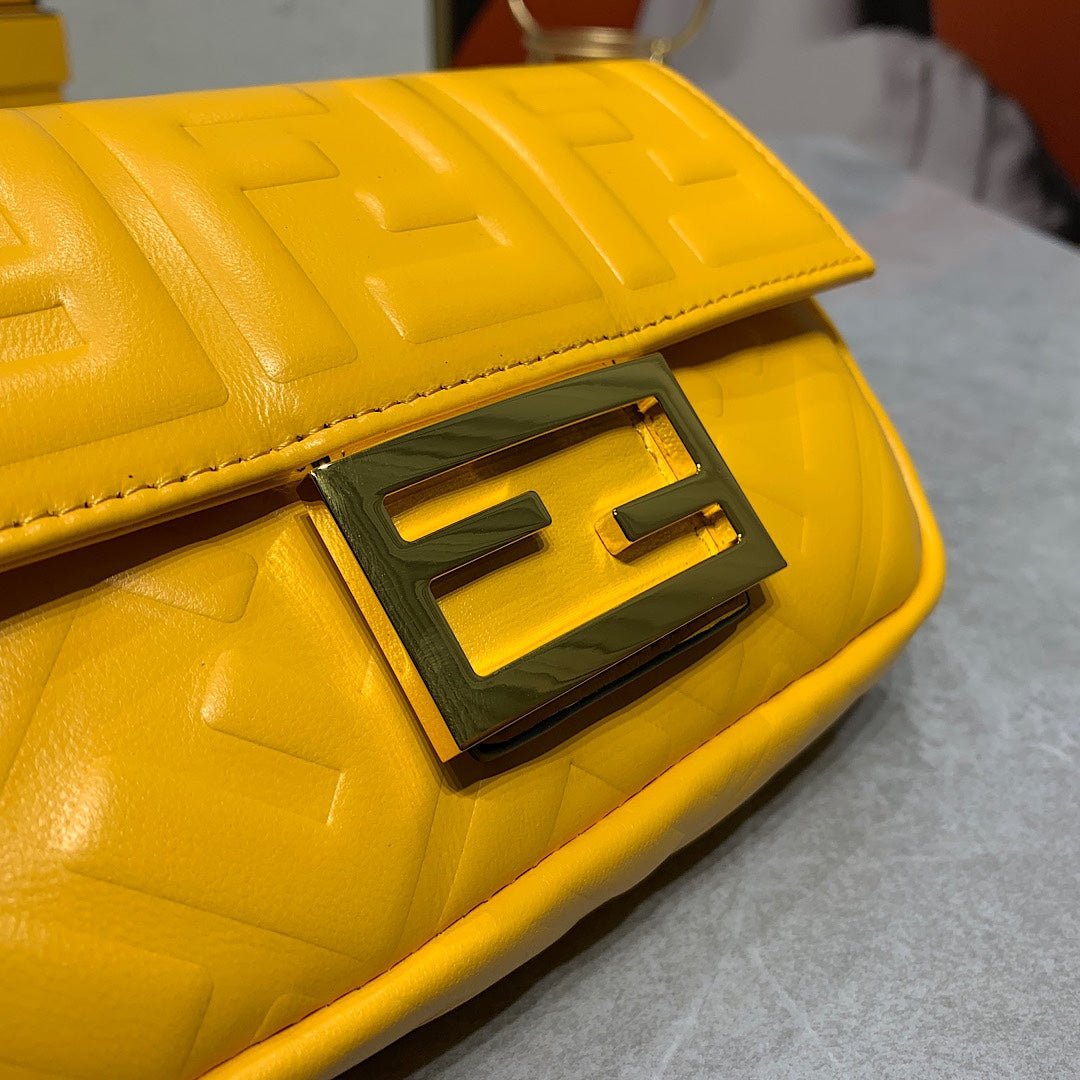 Fendi Yellow Embossed Leather Baguette Shoulder Bag with Gold-Tone Hardware