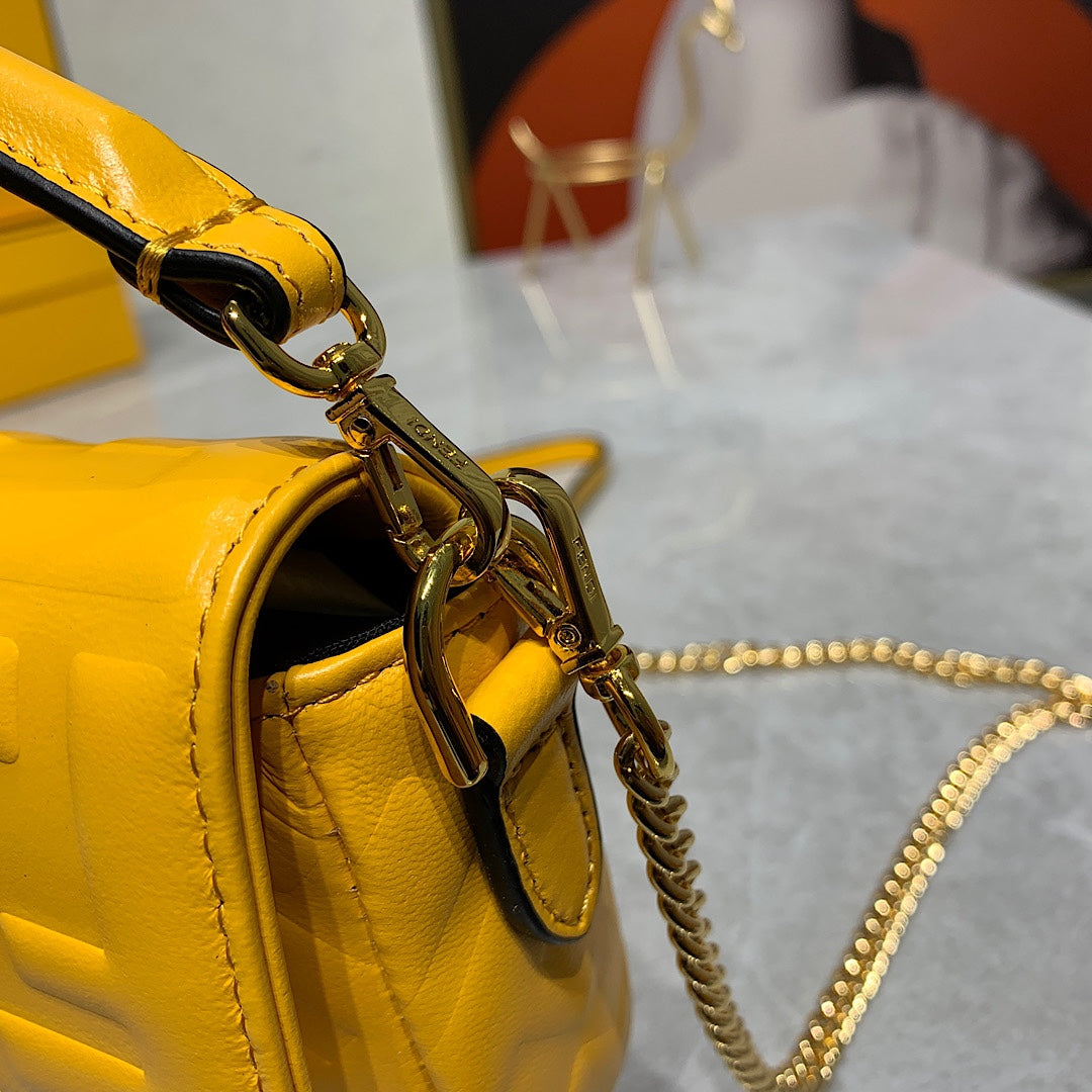 Fendi Yellow Embossed Leather Baguette Shoulder Bag with Gold-Tone Hardware