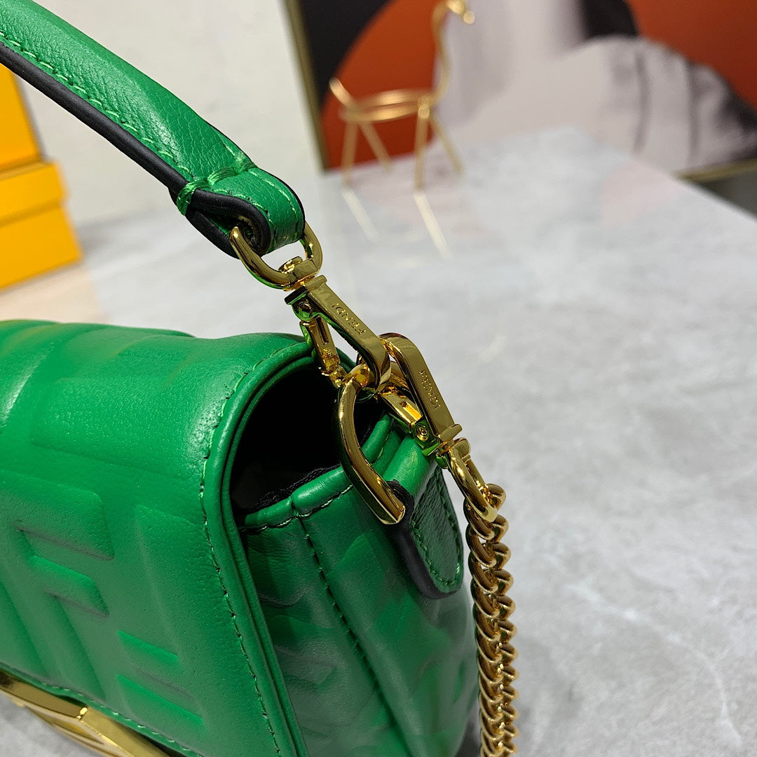 Fendi FF Embossed Green Leather Small Shoulder Bag with Gold Chain