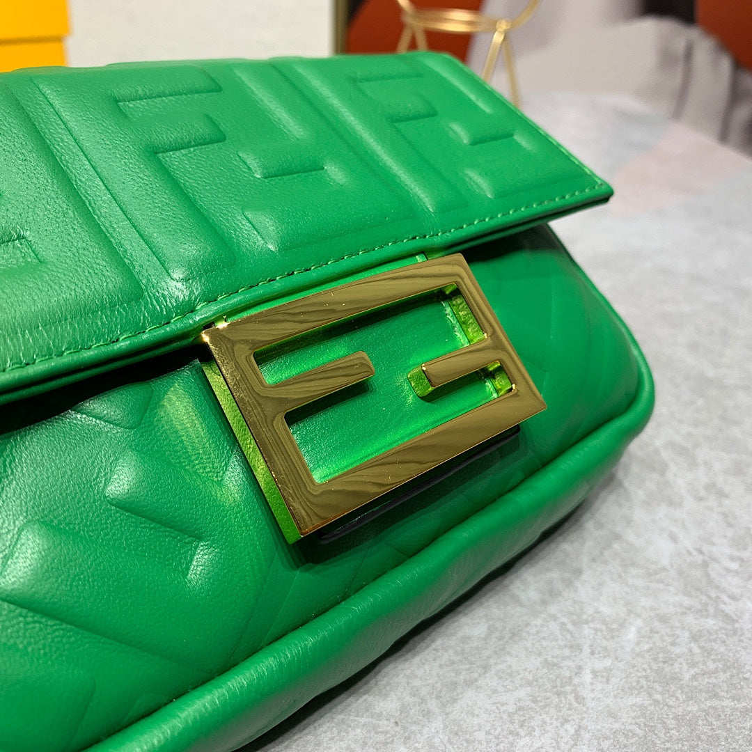Fendi FF Embossed Green Leather Small Shoulder Bag with Gold Chain
