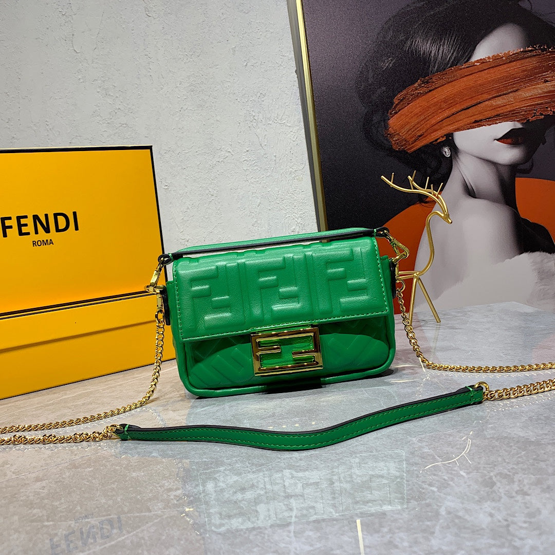 Fendi FF Embossed Green Leather Small Shoulder Bag with Gold Chain
