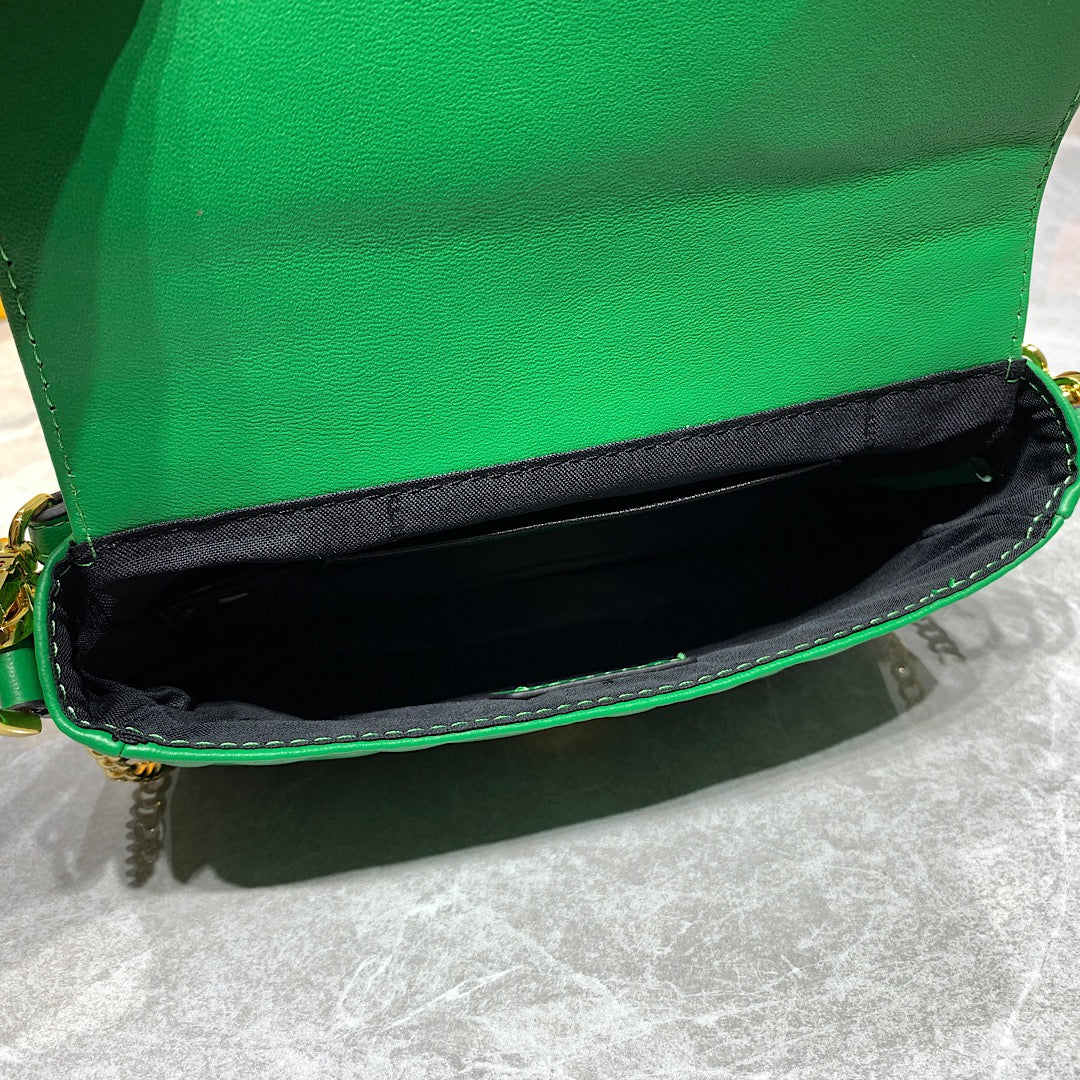 Fendi FF Embossed Green Leather Small Shoulder Bag with Gold Chain