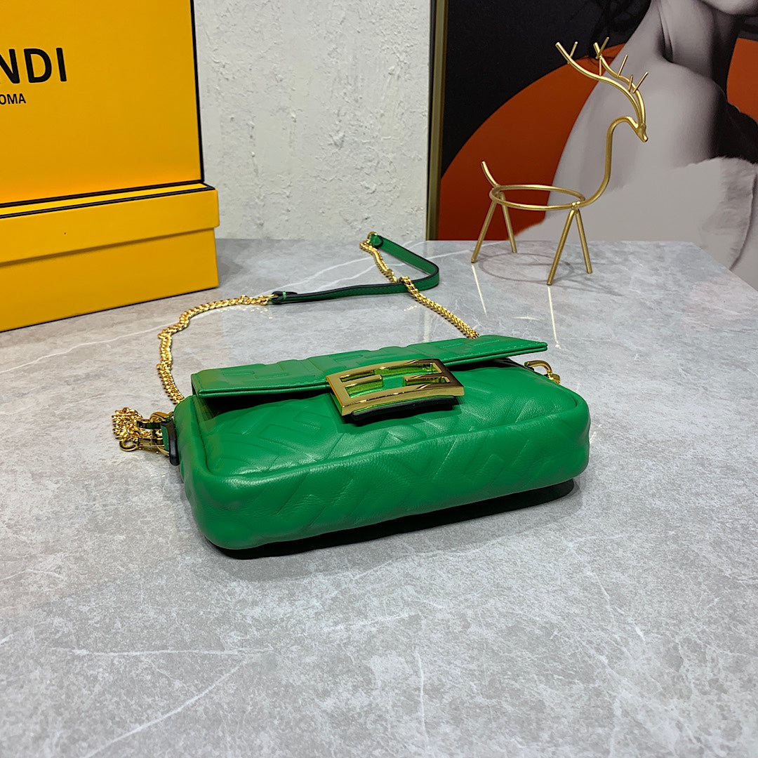 Fendi FF Embossed Green Leather Small Shoulder Bag with Gold Chain