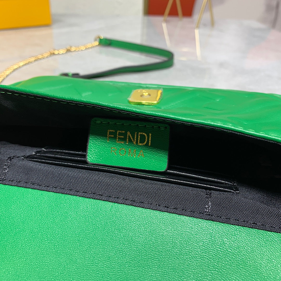 Fendi FF Embossed Green Leather Small Shoulder Bag with Gold Chain