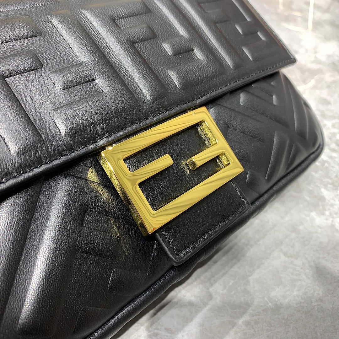 Fendi Baguette Black Embossed FF Monogram Leather Shoulder Bag