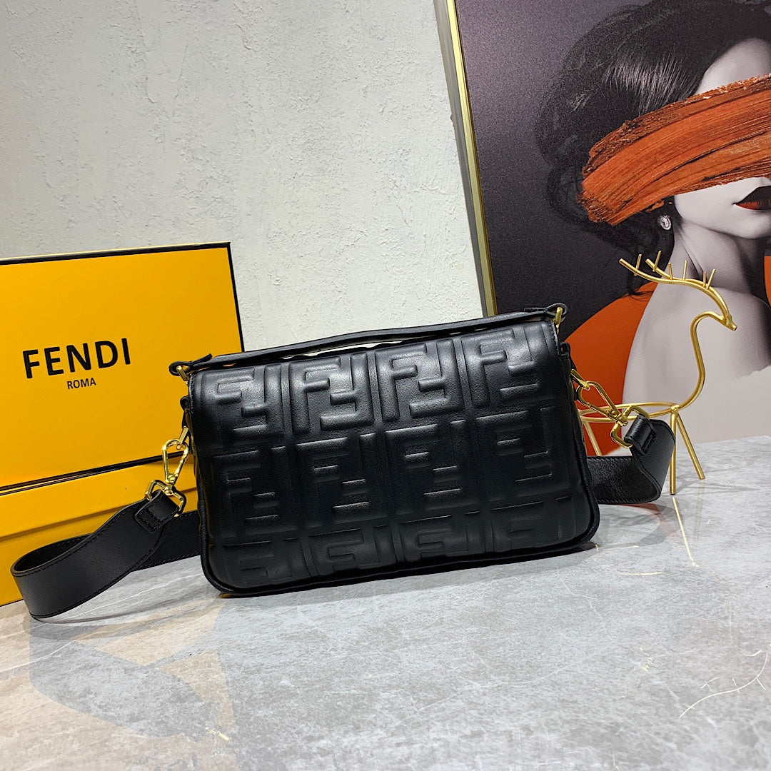 Fendi Baguette Black Embossed FF Monogram Leather Shoulder Bag