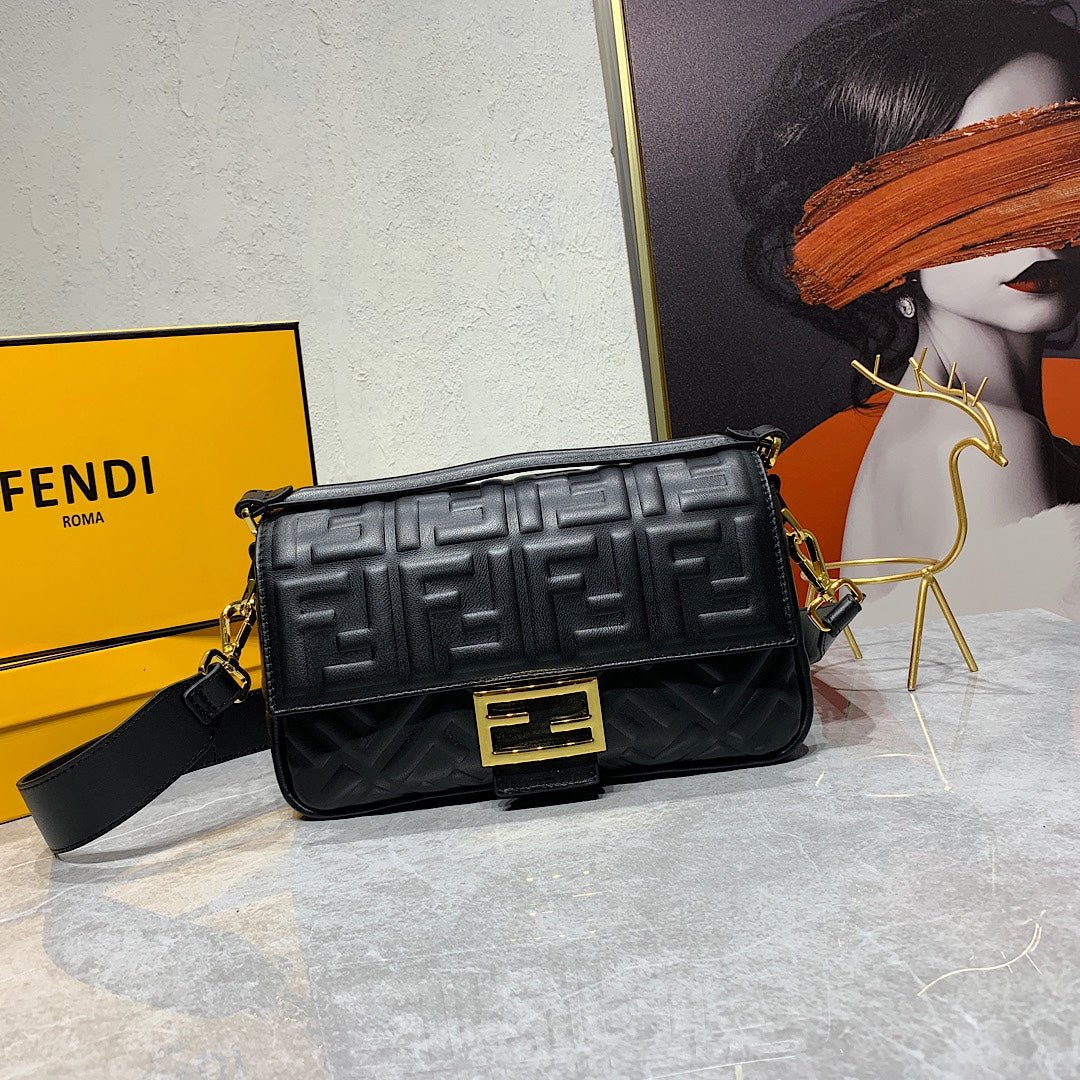 Fendi Baguette Black Embossed FF Monogram Leather Shoulder Bag