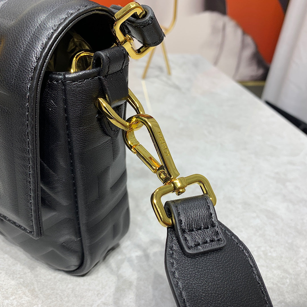 Fendi Baguette Black Embossed FF Monogram Leather Shoulder Bag