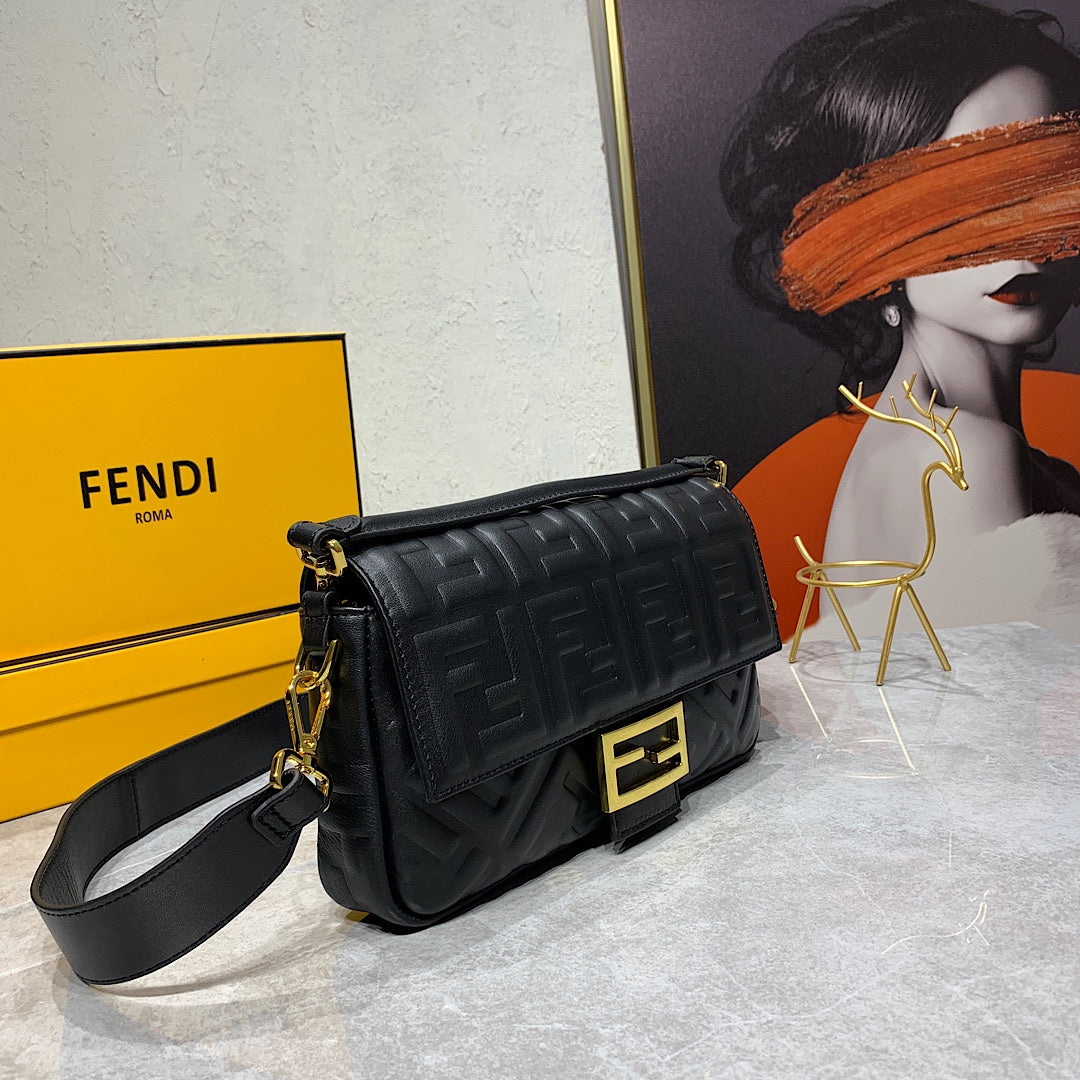 Fendi Baguette Black Embossed FF Monogram Leather Shoulder Bag