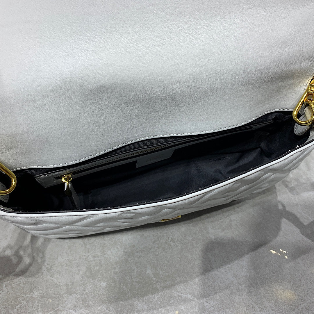 Fendi White Embossed FF Nappa Leather Baguette Bag with Gold Hardware