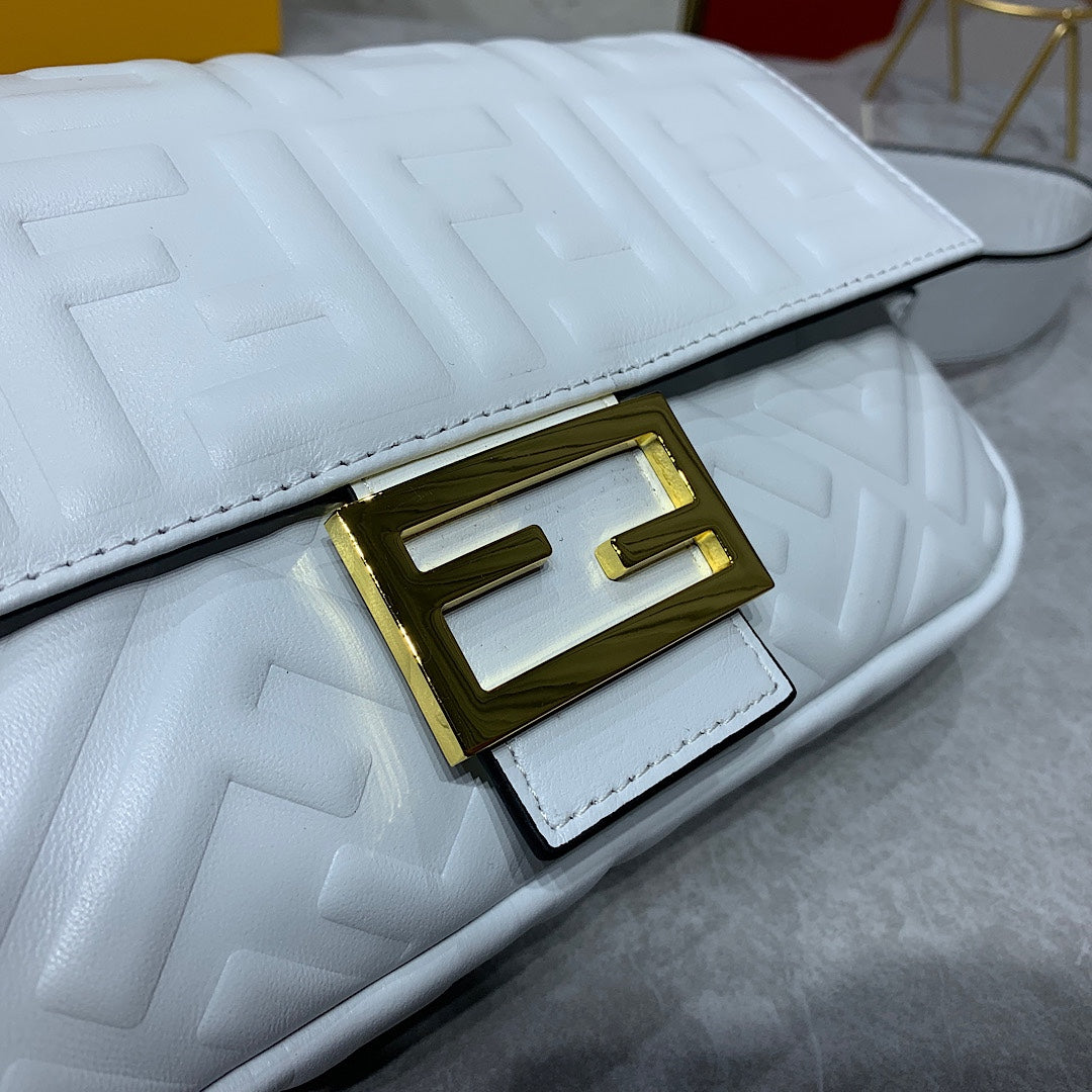 Fendi White Embossed FF Nappa Leather Baguette Bag with Gold Hardware