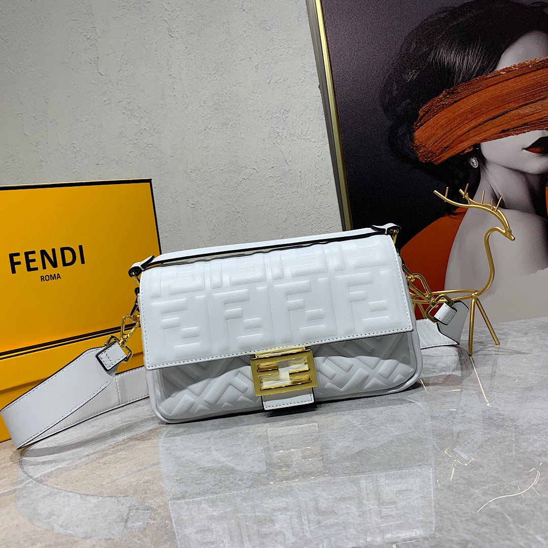 Fendi White Embossed FF Nappa Leather Baguette Bag with Gold Hardware