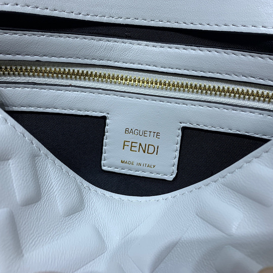 Fendi White Embossed FF Nappa Leather Baguette Bag with Gold Hardware