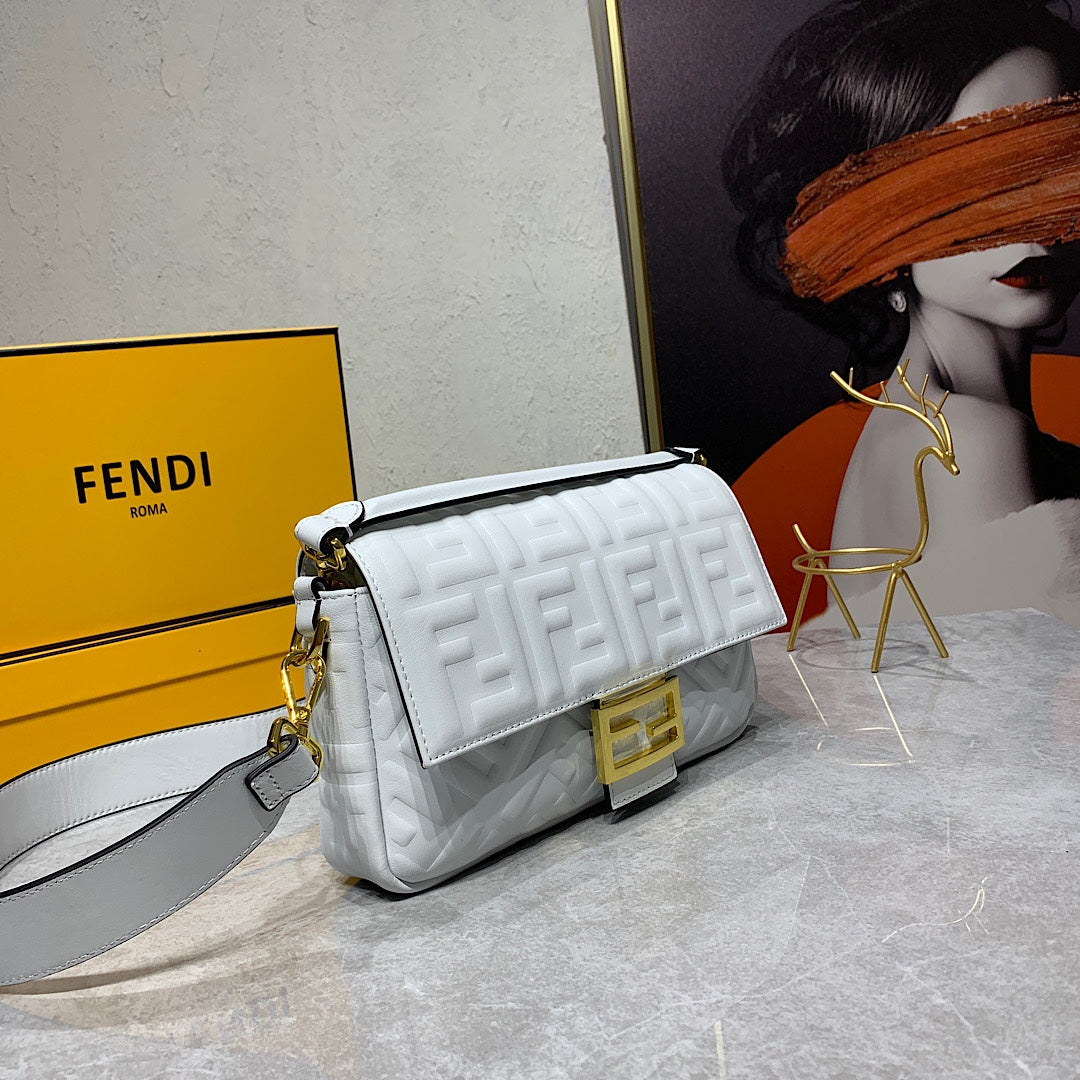 Fendi White Embossed FF Nappa Leather Baguette Bag with Gold Hardware