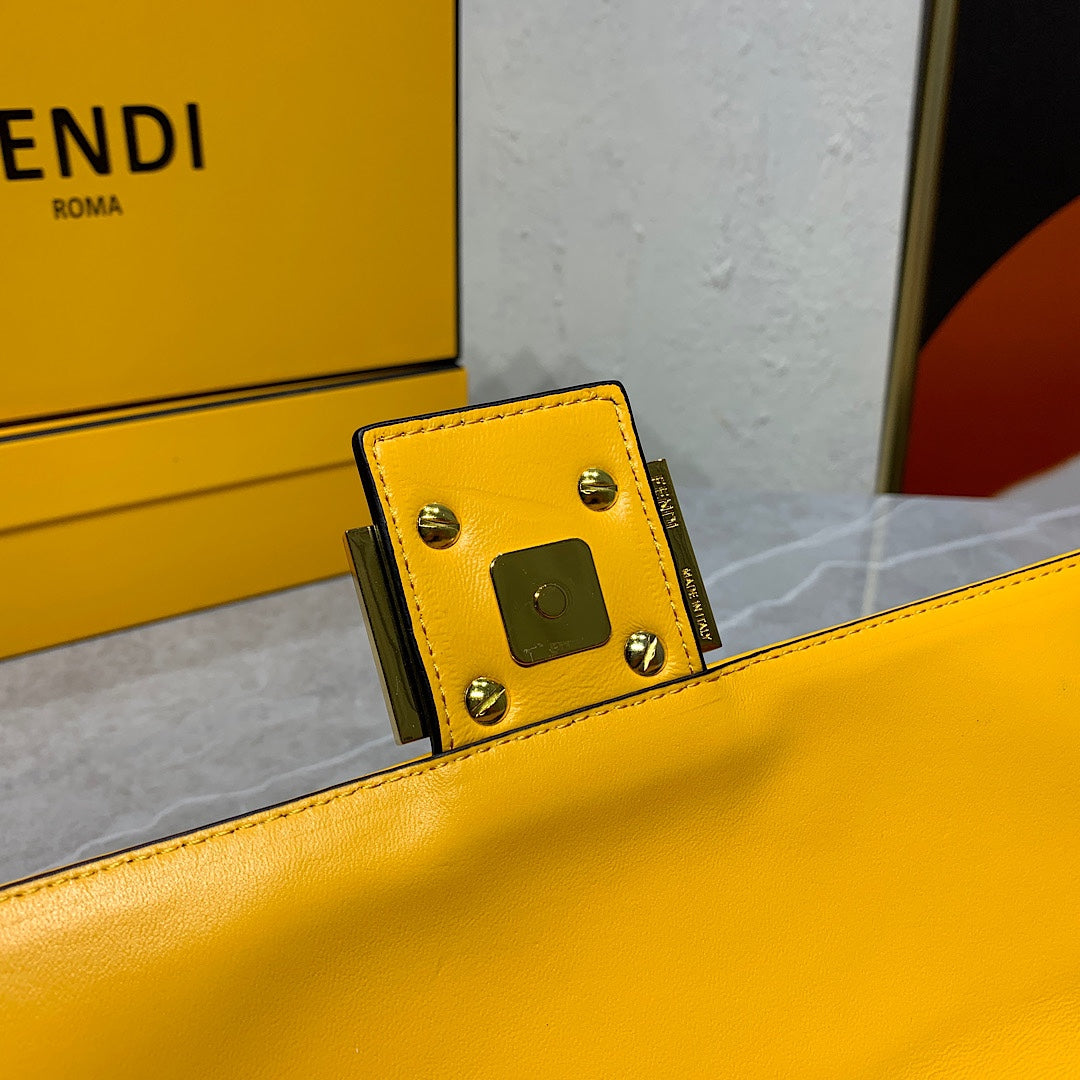 Fendi Yellow FF Embossed Leather Baguette Shoulder Bag