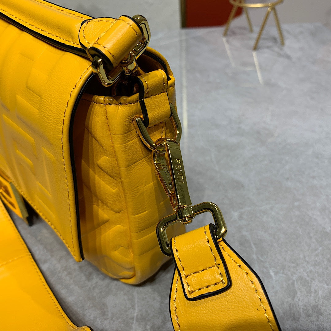 Fendi Yellow FF Embossed Leather Baguette Shoulder Bag