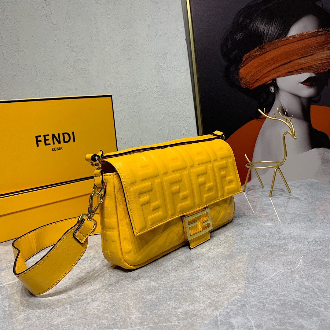 Fendi Yellow FF Embossed Leather Baguette Shoulder Bag