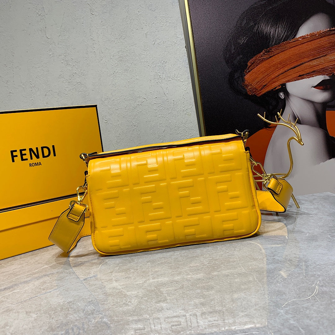 Fendi Yellow FF Embossed Leather Baguette Shoulder Bag